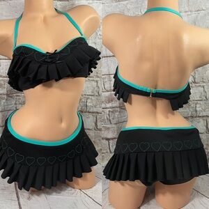 Betsey Johnson Bikini 2 Piece
Black Turquoise Halter Pleated Skirted